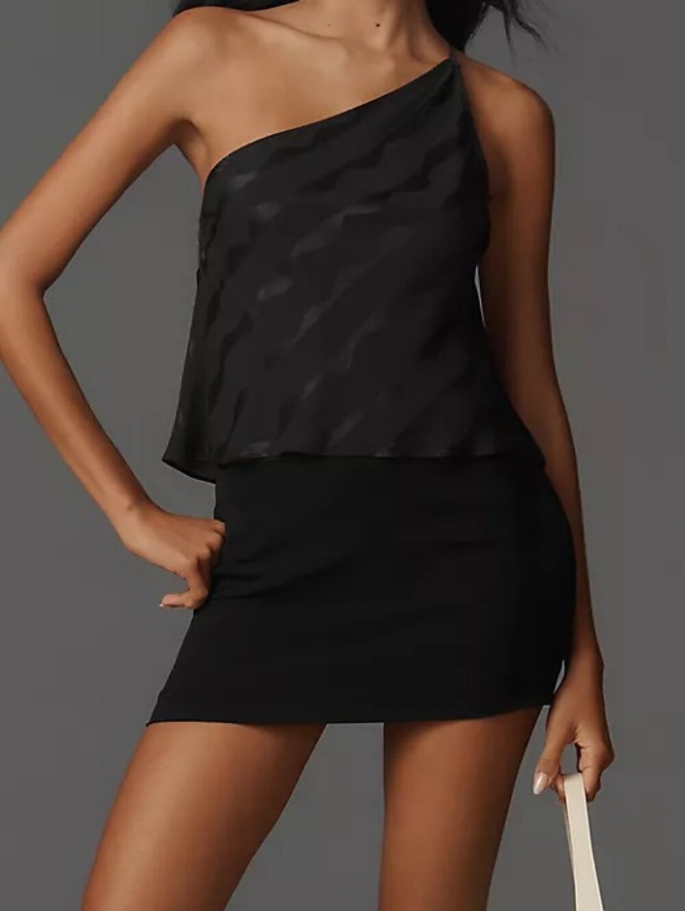 RIXO Black One-Shoulder Satin Slip Cami